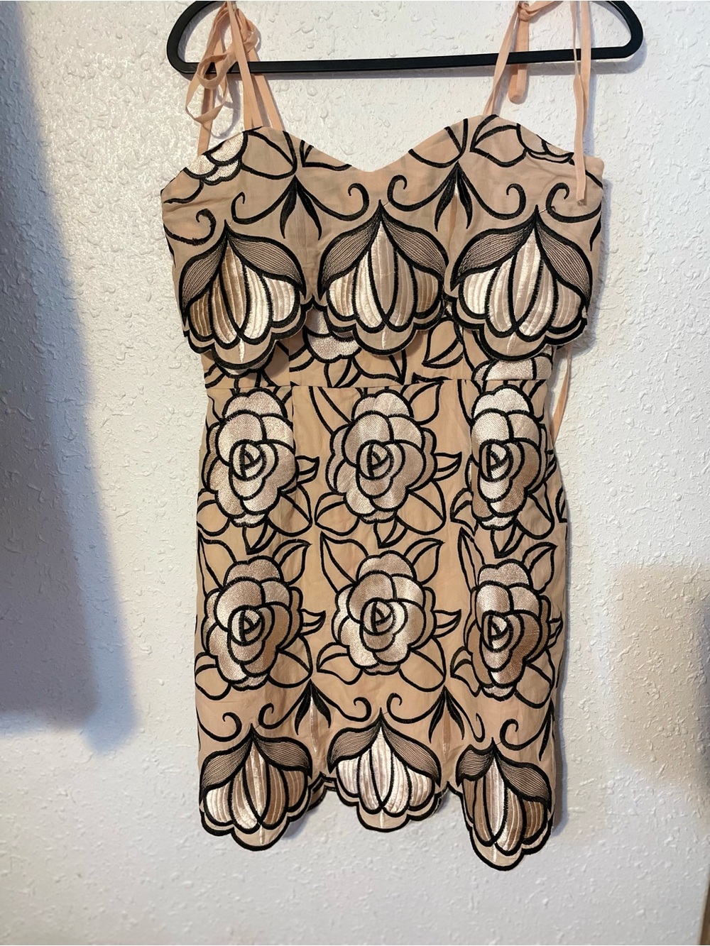 Gianni Bini Beige Mini Dress with Black Floral Embroidery